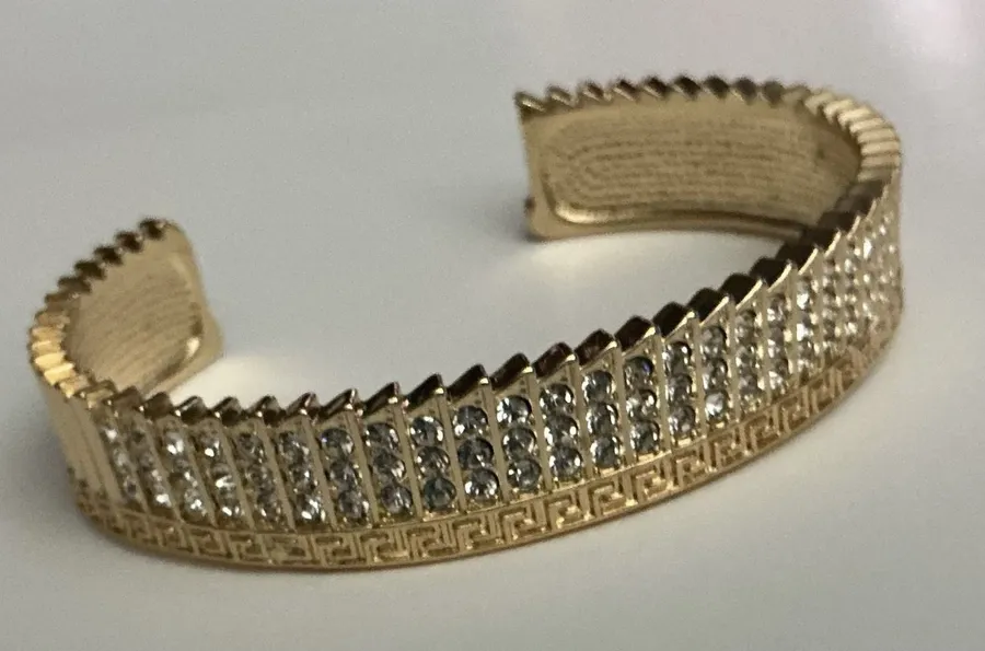Gold Plated CZ Greek Key Wide Cuff Bracelet Waterproof 7in Statement Jewelry