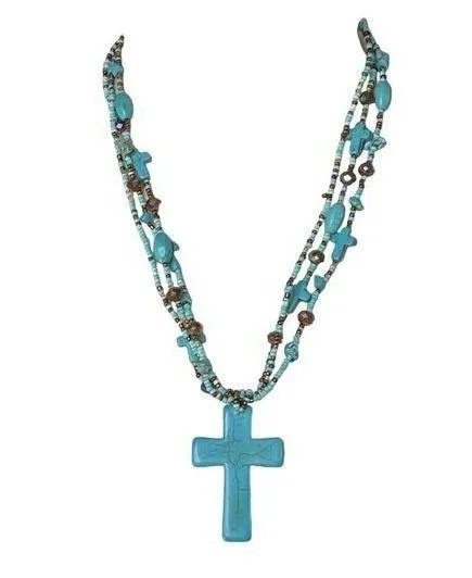 Turquoise Crucifix Cross Stone Necklace Beaded Layered Religious Jewelry u Blue