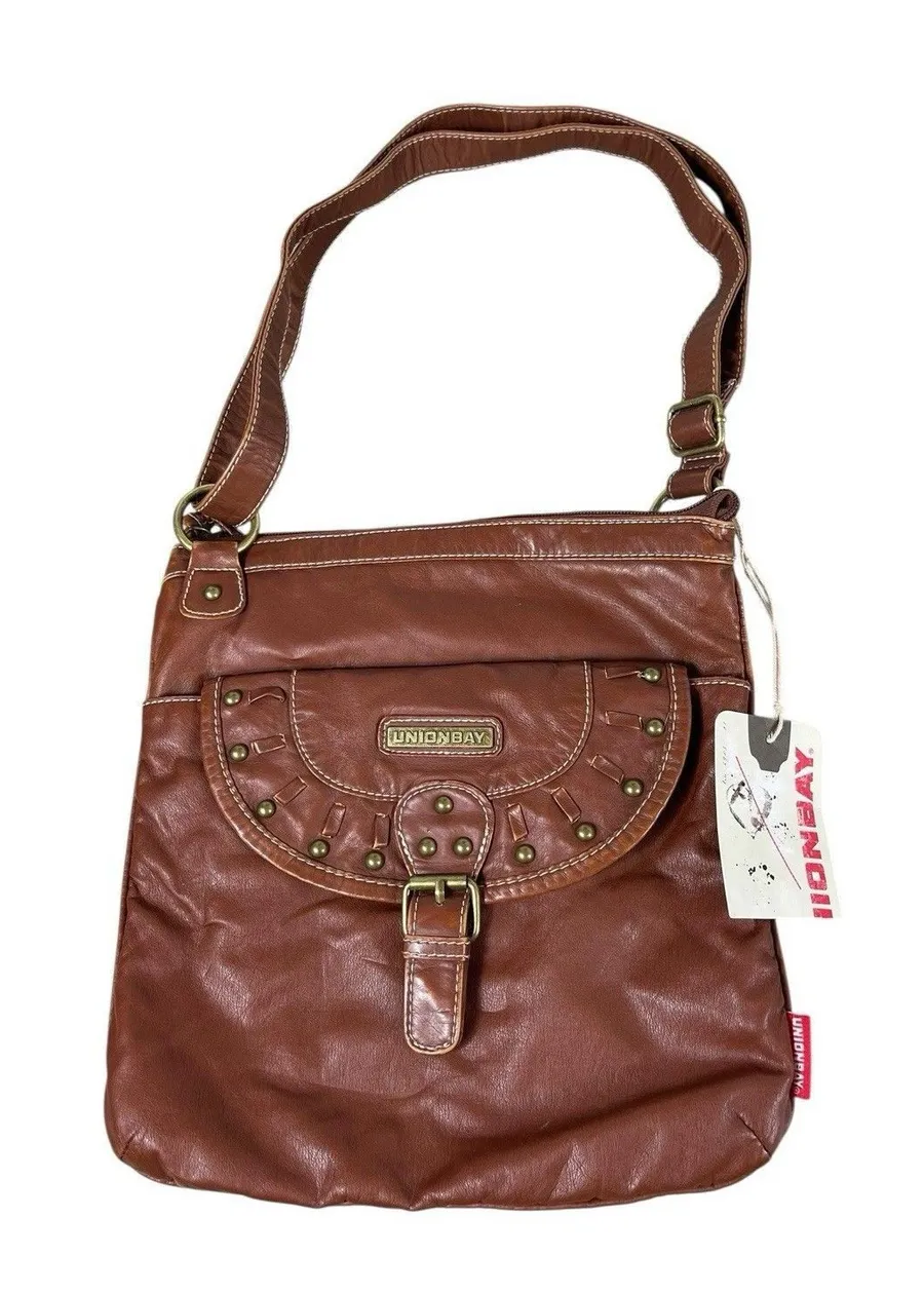 Unionbay Crossbody Bag Cognac Brown Faux Leather Studded Buckle Purse NWT