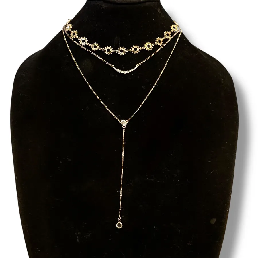 Express gold tone triple layered rhinestone Y necklace