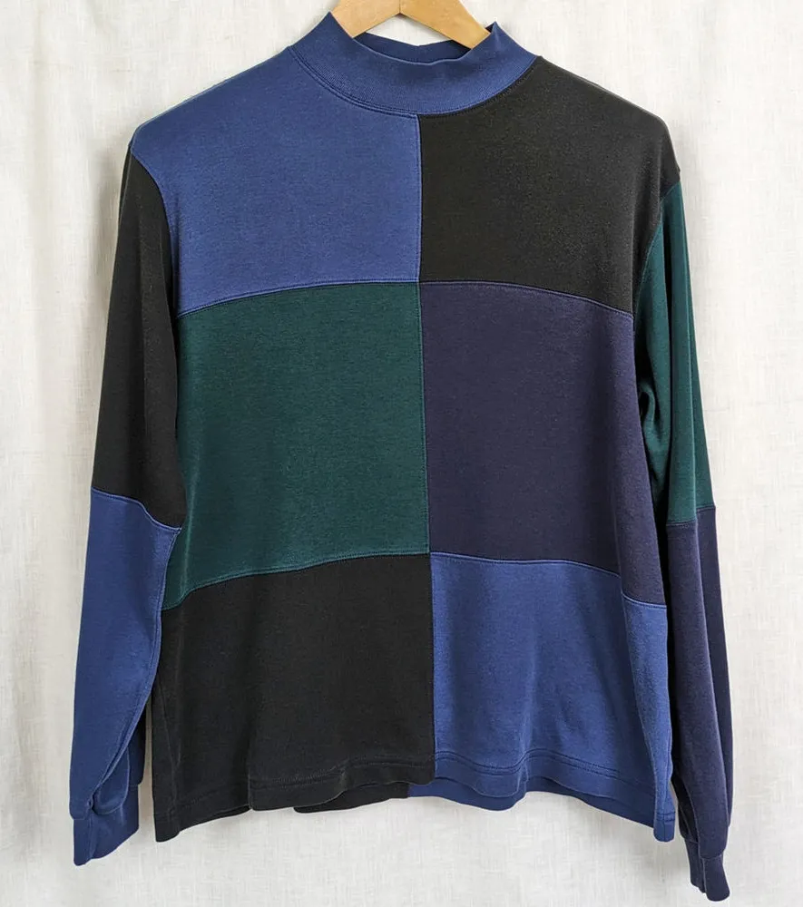 Vintage Color Block Ladies' Mock TurtleNeck Shirt Large Blue