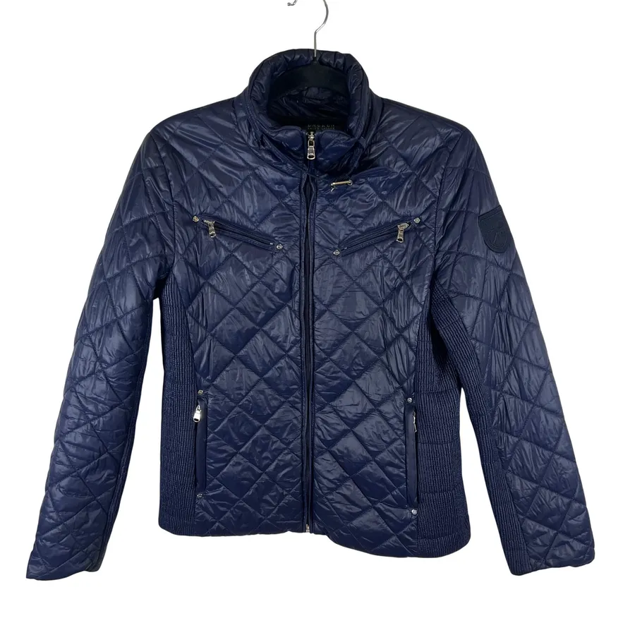 Lauren Ralph Lauren Navy Blue Diamond Quilted Puffer Jacket Ribbed Panels Medium