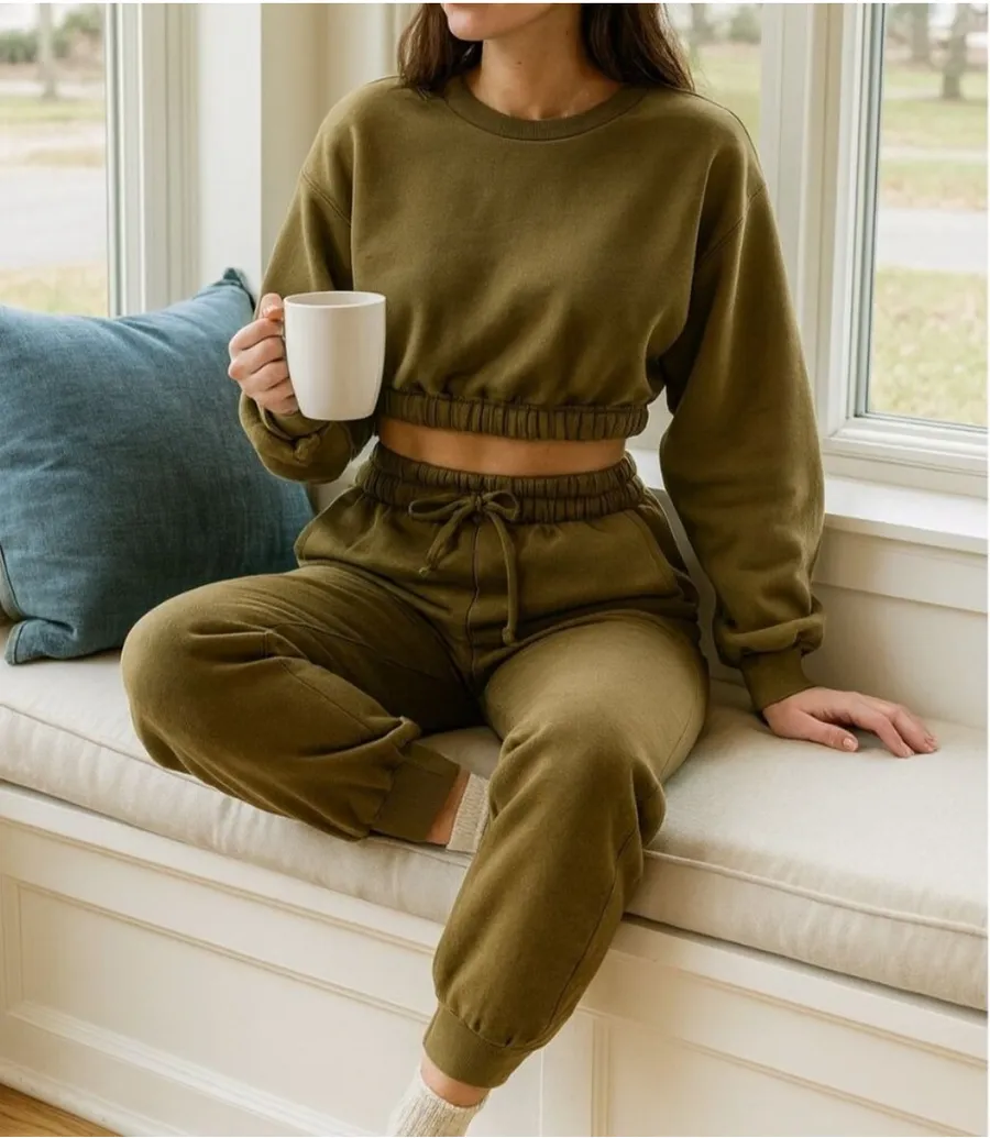 Zenana 2 Pcs Crop Top Tracksuit Jogger Pants Set Outfit Workout Active Lounge Olive Green XS
