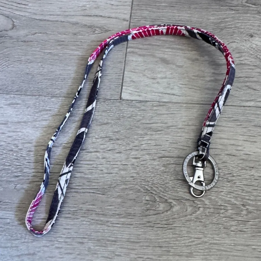 Vera Bradley Pink Grey Floral Cotton Lanyard with Silver Key Ring and Clasp