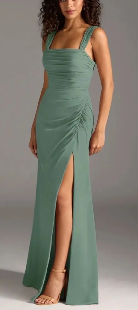 Azazie Sheath Bow Chiffon Dress | Sz A2 | Straight Neckline | ruched body