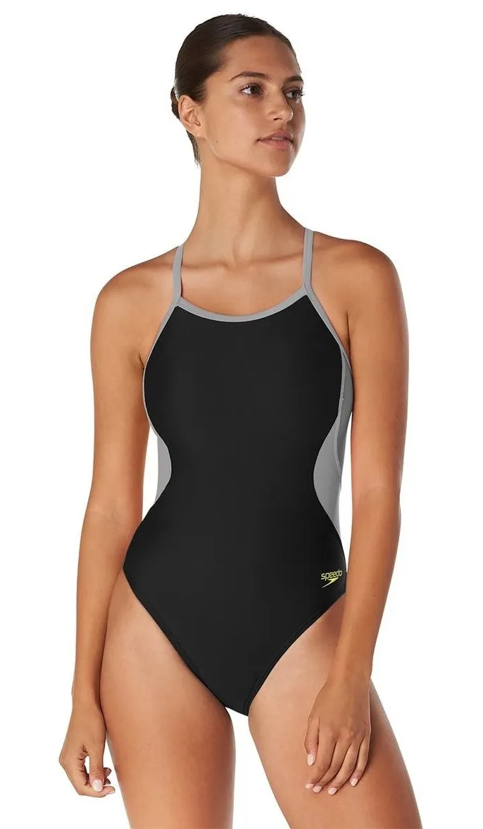 Speedo Pro LT Eco Splice Flyback one-piece Swimsuit Womens 10/36 Black Grey NWT