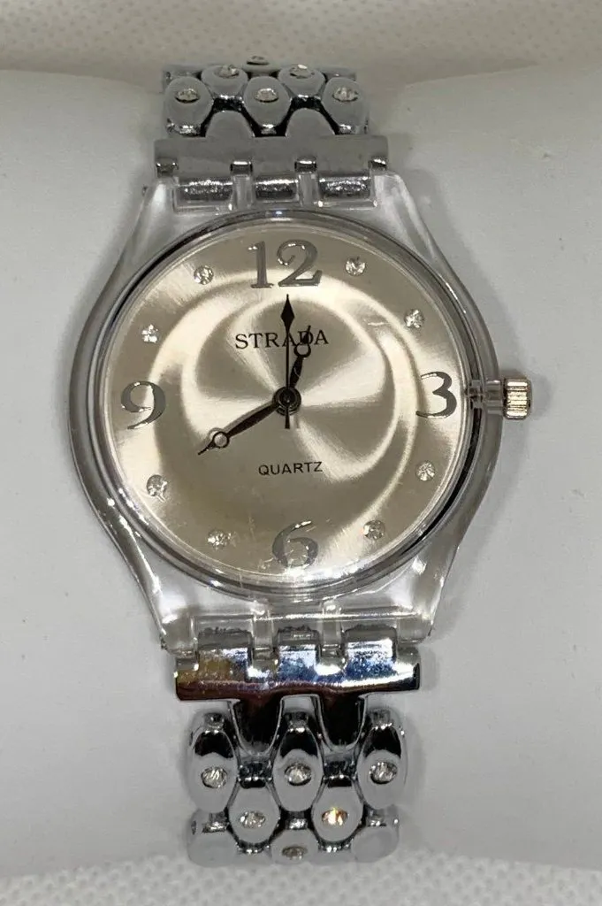 Strada women watch silver tone clear plastic case 34mm beige dial running