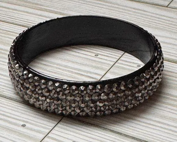 Black and Silver Rhinestone Bejeweled Fashion Statement Bangle Bracelet