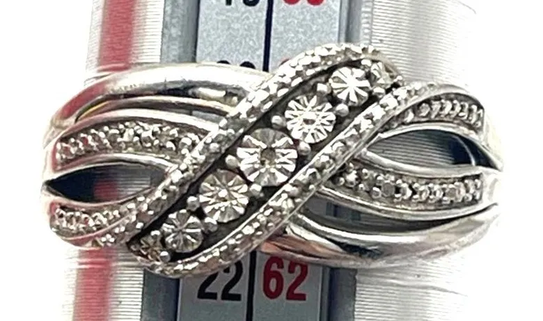 JWBR 925 Sterling Silver Ring Clear Stones Cross Over Vintage Size 9.5