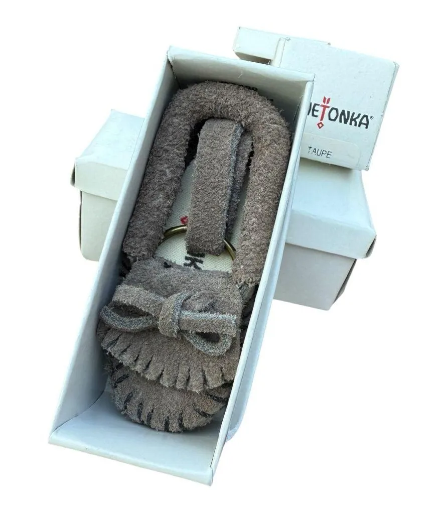 Minnetonka Suede Moccasin Keychain Key Ring Dark Grey Fringed Mini Shoe NIB
