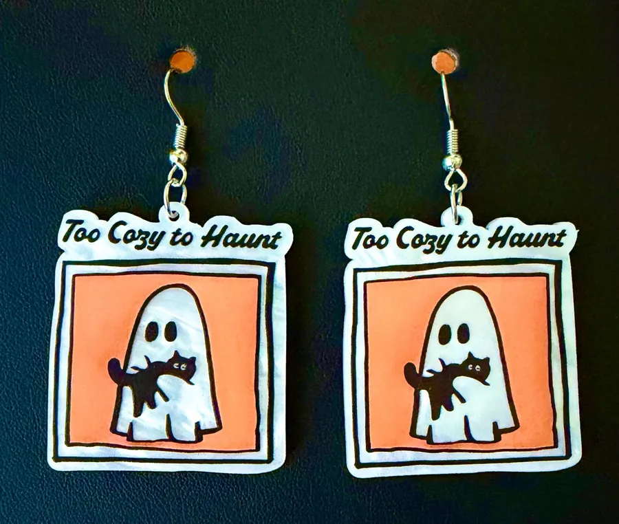 "Too Cozy to Haunt" Ghost & Black Cat Halloween Dangle Earrings ๐ป๐โโฌ Multiple