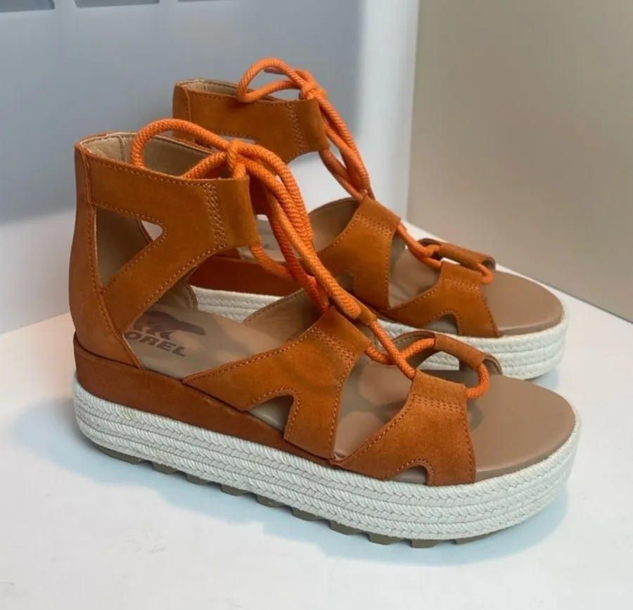 Sorel Cameron Flatform Lace Up Espadrille Sandals Orange Suede Women’s 6.5