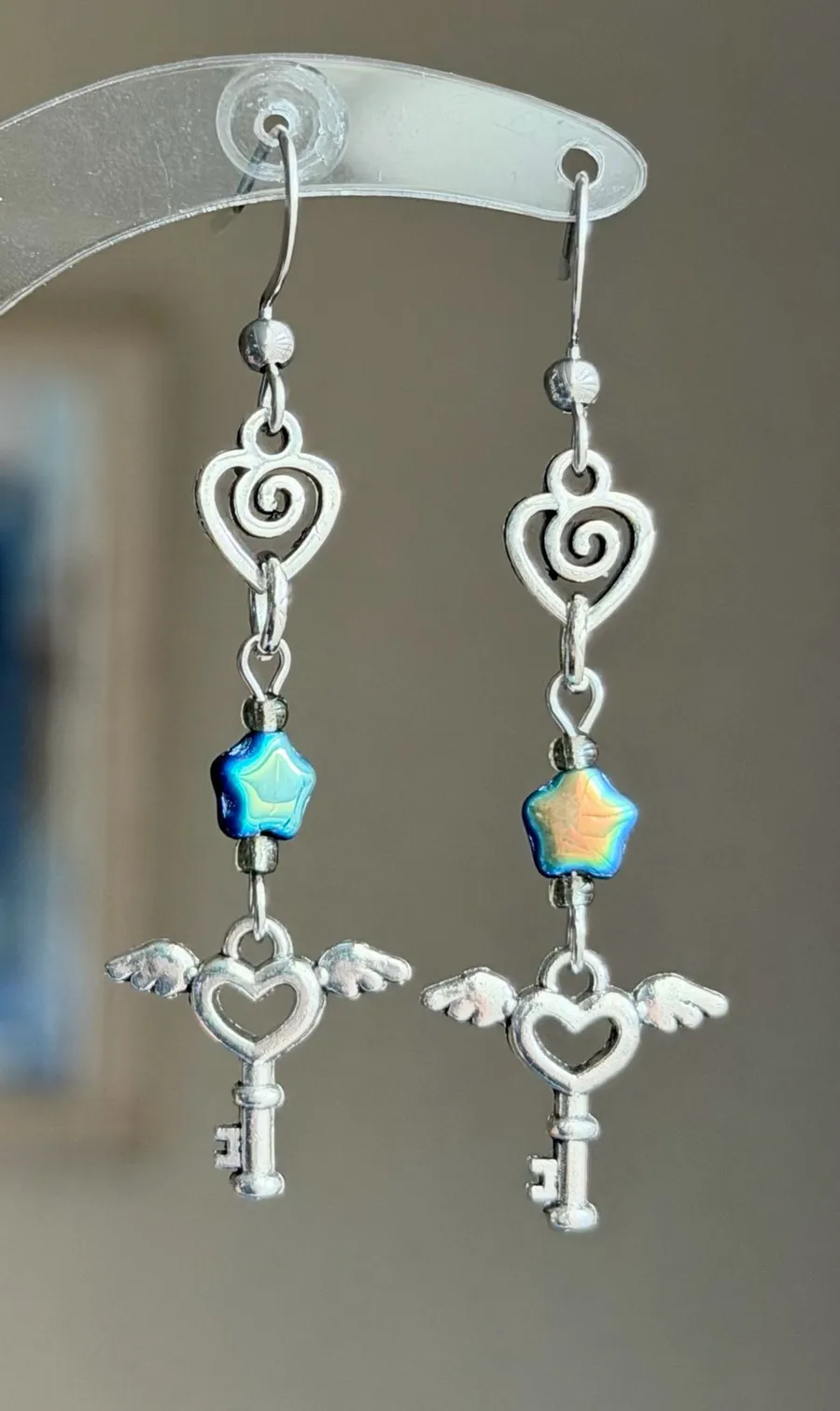 Handmade Czech glass star & angel heart key romance Kawaii y2k fairy dangle earrings✨