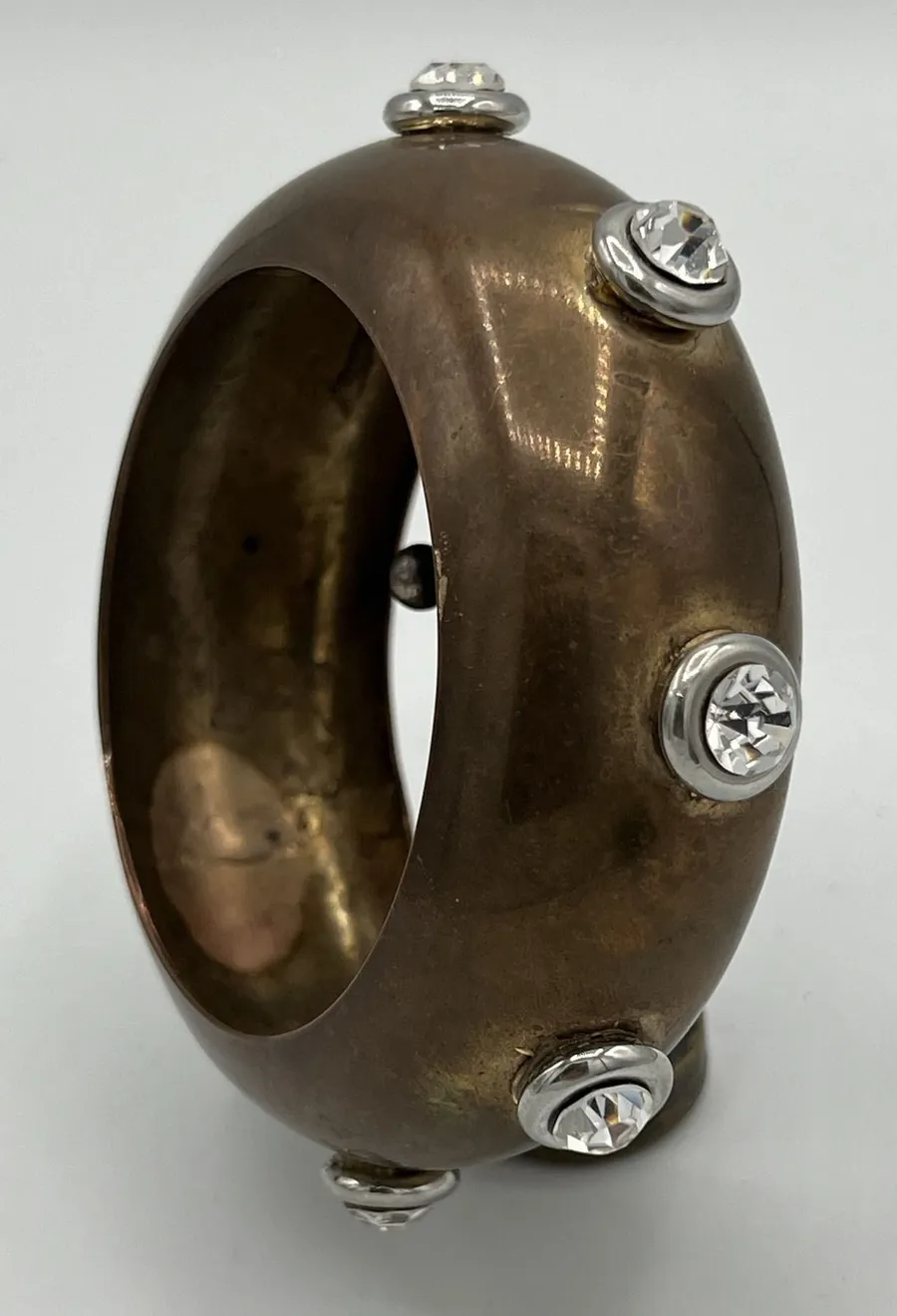 WIDE VINTAGE ART DECO BRASS AND CRYSTAL BRACELET