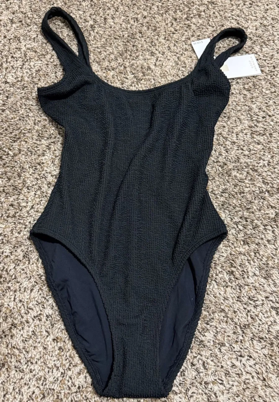 Good American Always Fits One Piece Swimsuit Black Crinkle GSW0558LV S/M NWT