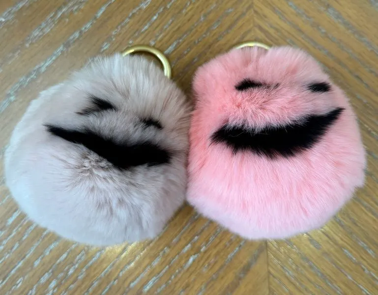 Faux Mink Fur Smile Pom Pom Keychain Set