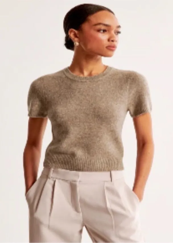Abercrombie & Fitch Short Sleeve Knit Top in Taupe wool blend