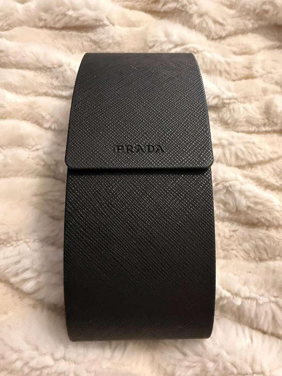 Prada Black Saffiano Leather Sunglasses Case Holder Hard Shell Eyewear with Box