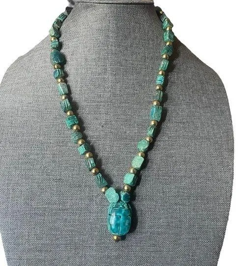 Vintage Egyptian Faience scarab nettle necklace