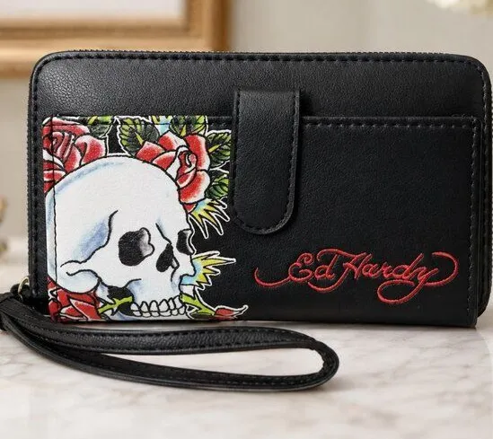 Ed Hardy Skull & Roses Tattoo Wristlet Zip Wallet NWT