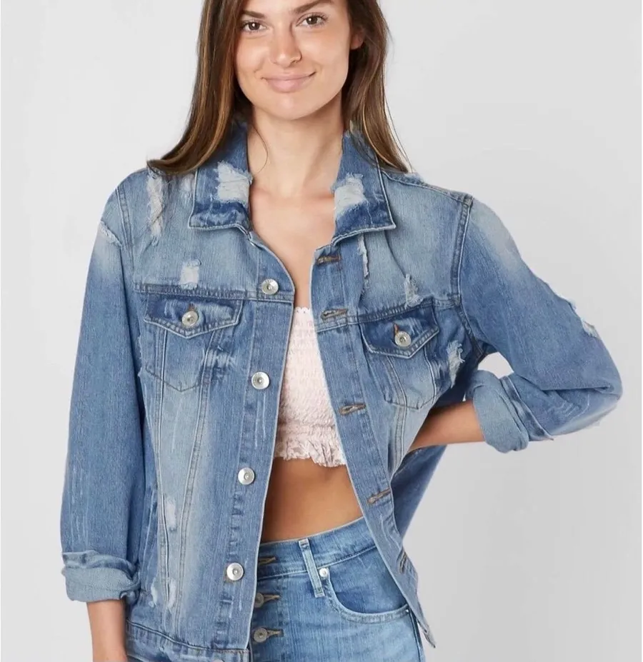 Ci Sono Blue Medium Wash Distressed Boyfriend Oversized Denim Jacket Size M