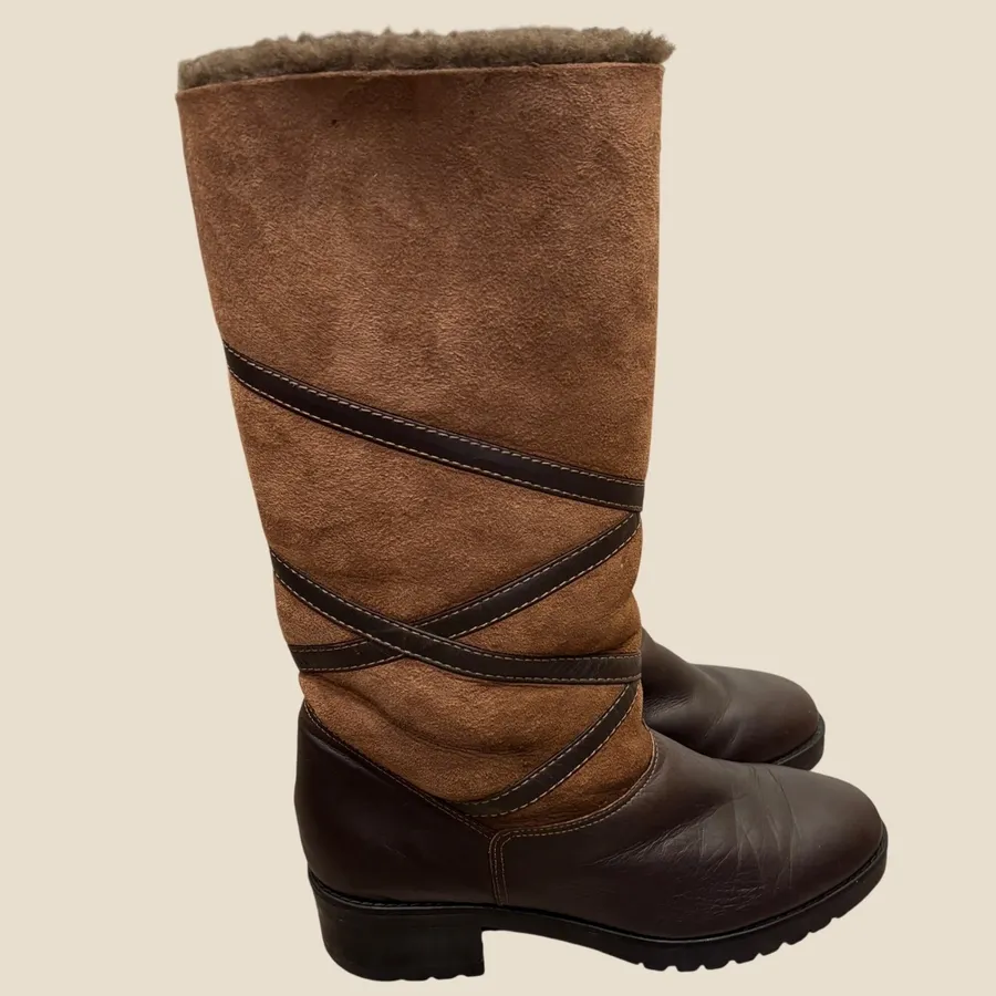 La Canadienne Brown Leather Suede Shearling Foldable Cuff Winter Boots 7 Cozy