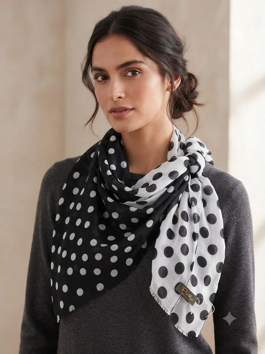Pretty Persuasions Polka Dot Scarf Black White Colorblock 100% Viscose Square