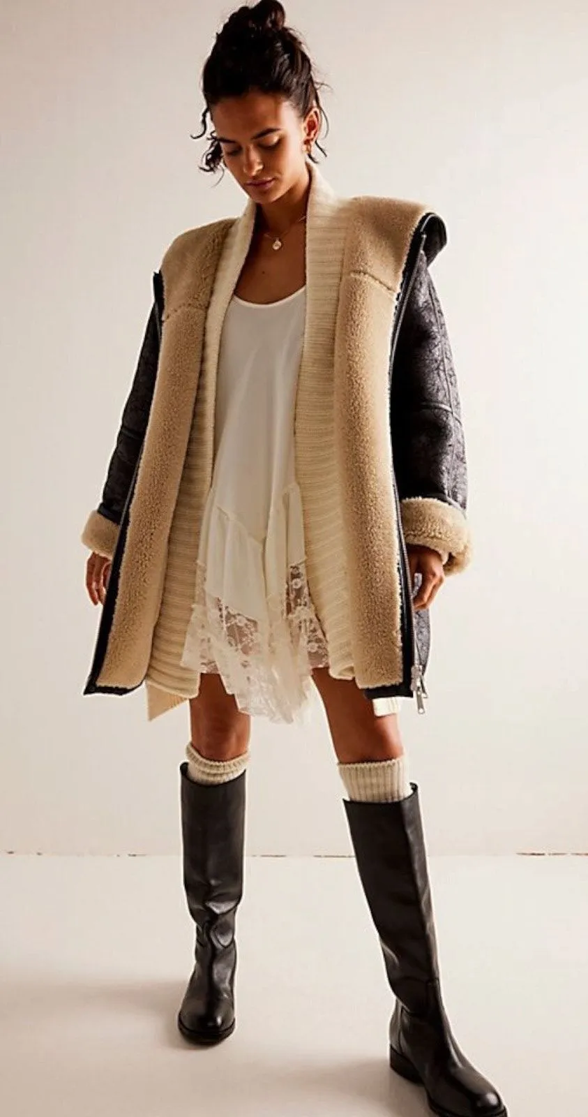 Free People Oversized Sherpa Hoodie Miller Vegan Chunky Jacket Coat Black Medium