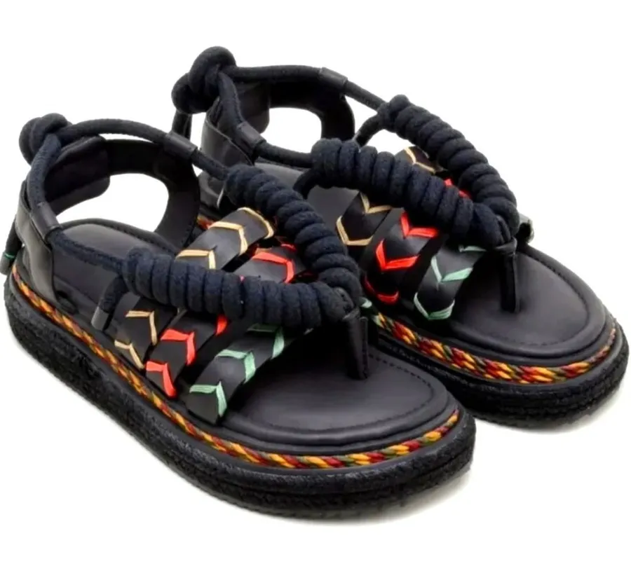 Farm Rio Embroidered Rope Platform Sandals Black Multi Chevron Women Size 39