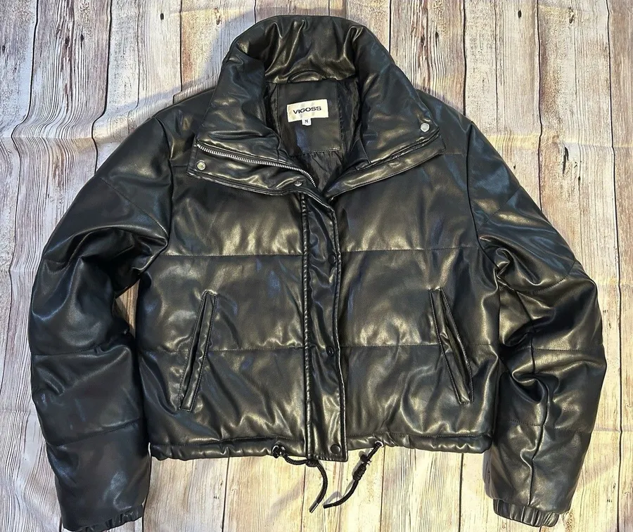 Vigoss Black Faux Leather Puffer Jacket Cropped Bubble Coat Womens M