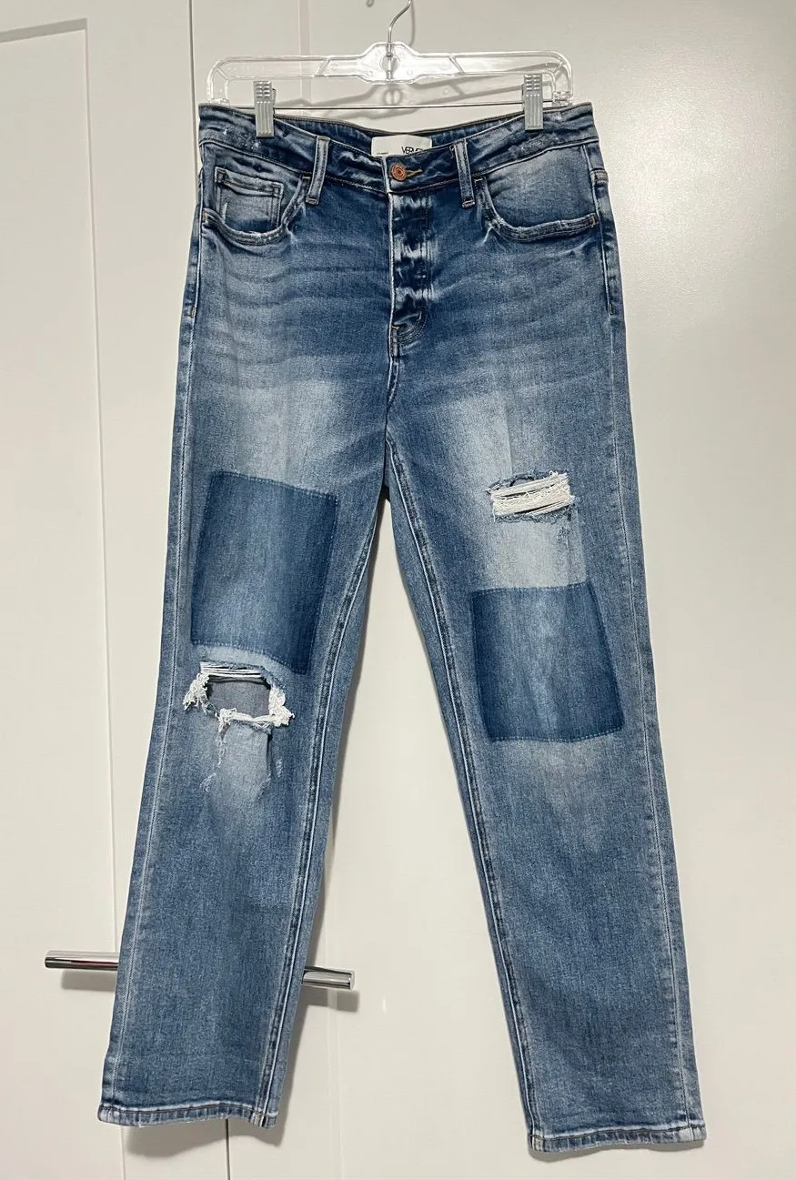 Vervet Size 29 Blue Straight Leg Boyfriend Patchwork Distressed Jeans