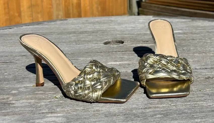Marc Fisher Norsa Block Heel Braided Sandal gold Leather classy fall size 7.5