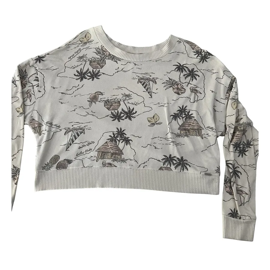 Gilly Hicks Womens XS Cropped Sweatshirt Cream Tropical Island Palm Tree Print