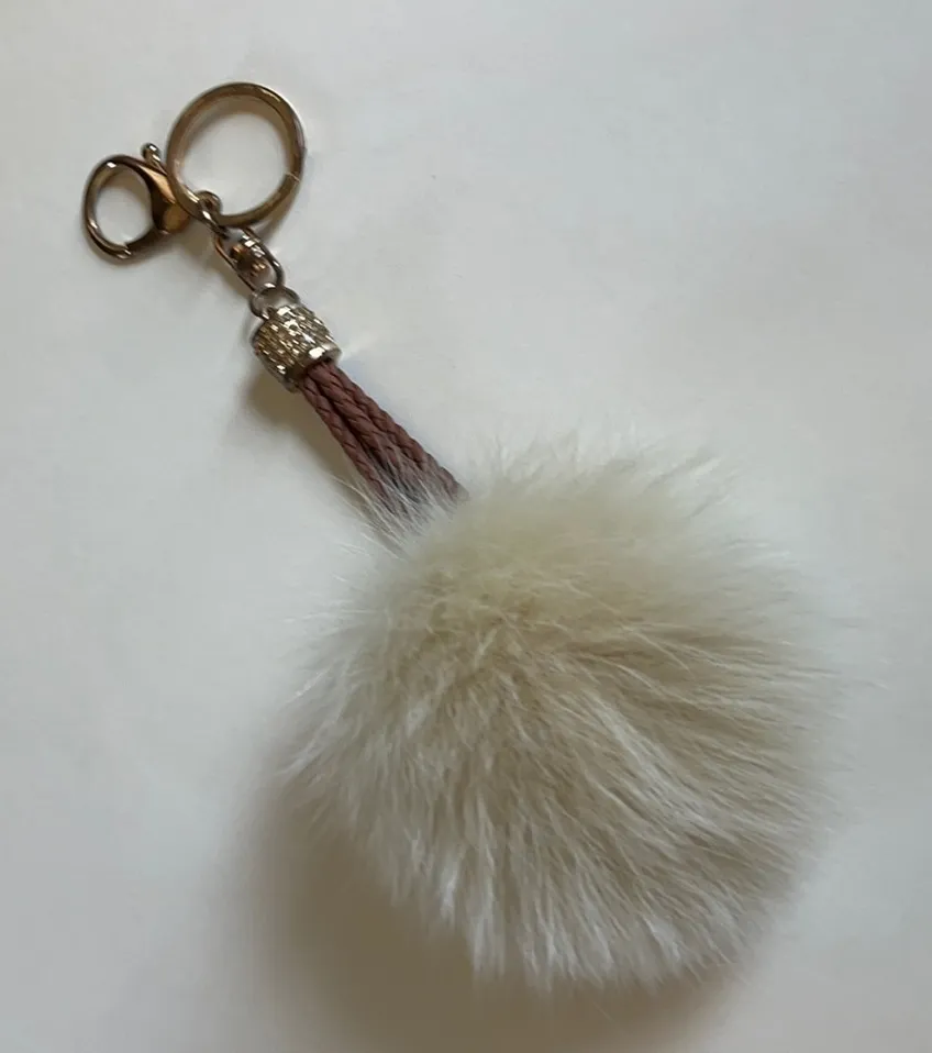 Puff Ball Crystal Accent Keychain Purse Charm Leather Strap Brown