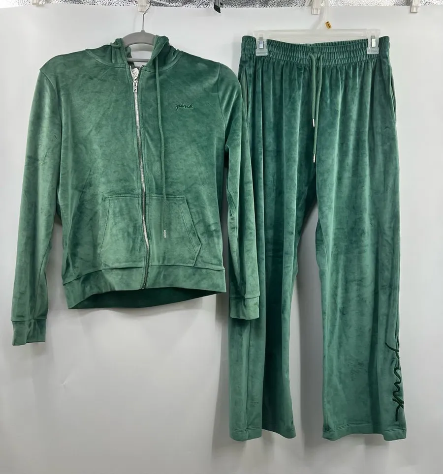 PINK Victoria’s Secret Velour Tracksuit Set Green Hoodie Pants Small Y2K