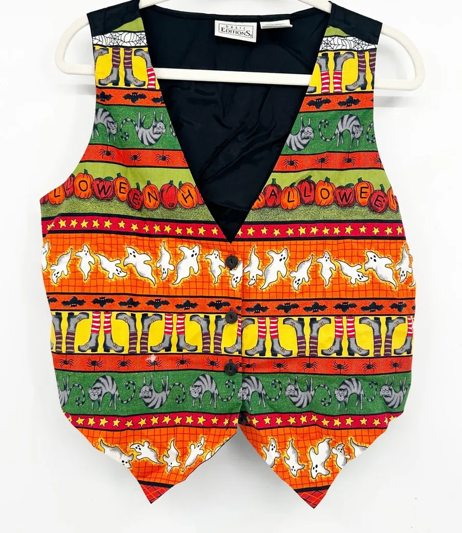 Basic Editions Womens Vintage 90s Halloween Teacher Vest Size M Pumpkins Spooky Orange Size M