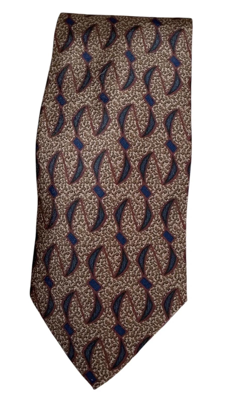 Geoffrey Beene Men's Silk Tie – Vintage Geometric Abstract Pattern Brown & Navy