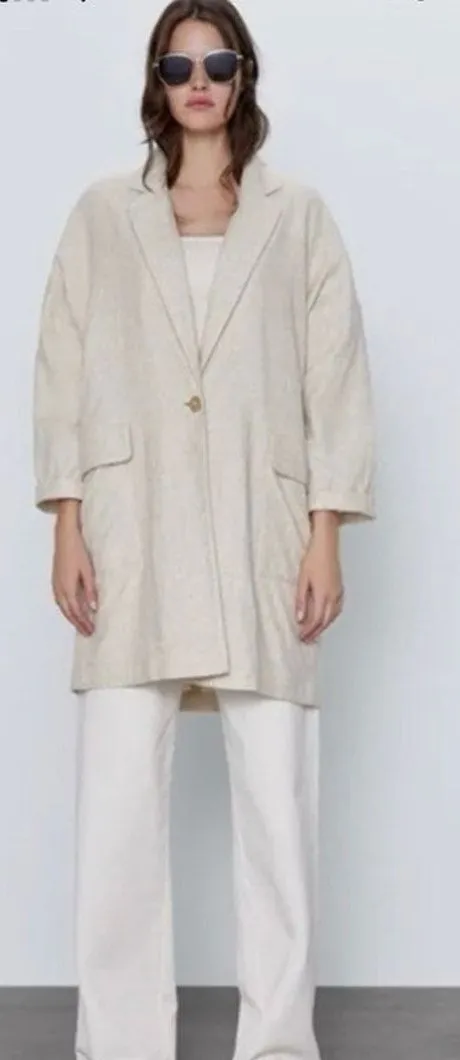 Zara Linen Blend Oversized Blazer Size L Beige Oatmeal Notch Lapel Lagenlook