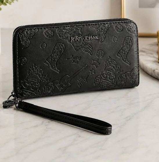Betsey Johnson Black Western Skull Embossed Zip Wallet Wristlet NWT