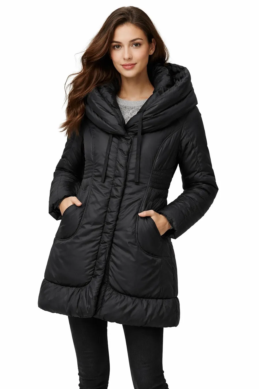 Tahari Elissa 2010s Black Down Puffer Coat Hooded Cocoon Polyester Shell medium