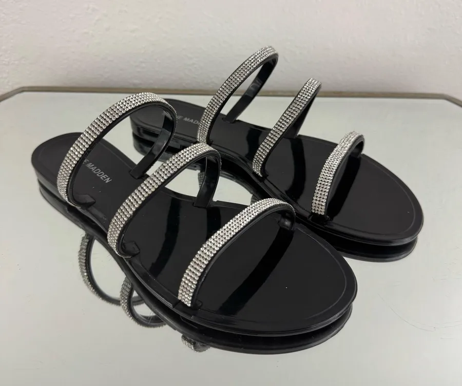 STEVE MADDEN Black Silver Rhinestone Triple Strap Yoma Jelly Slip On Sandals