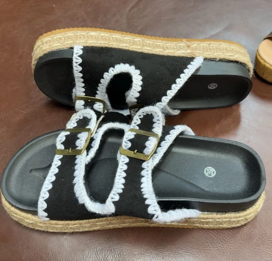 Black Espadrille Slide Sandals with White Trim Size 8.5