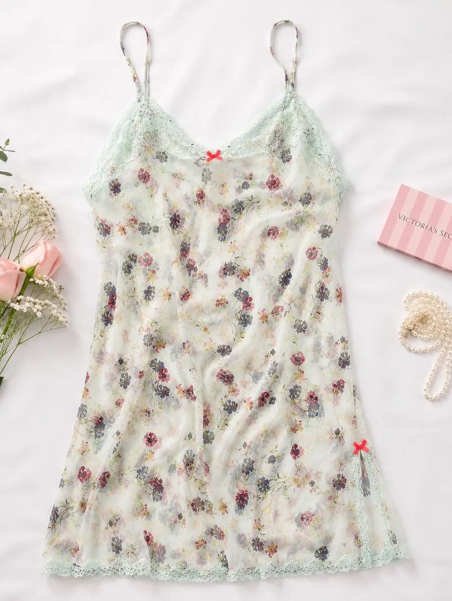 Victoria's Secret Sheer Floral Lace Chemise Nightie Women's Small Mint Green