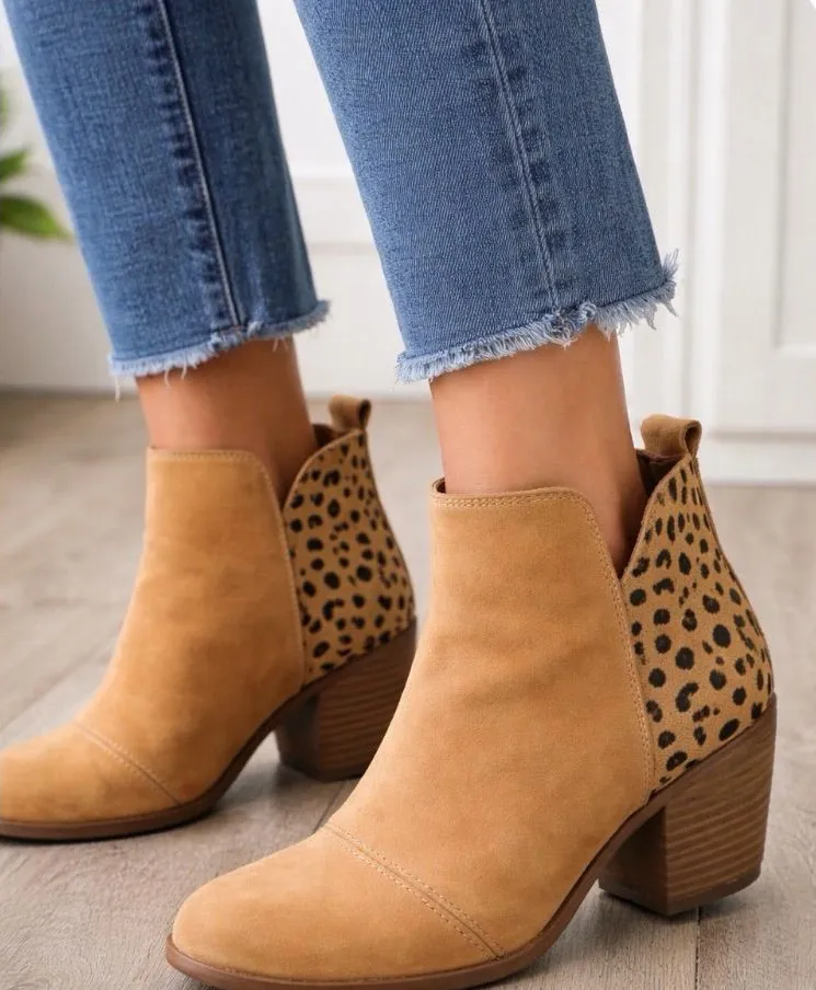TOMS Tan Leather & Cheetah Print Ankle Boots Block Heel Size 7