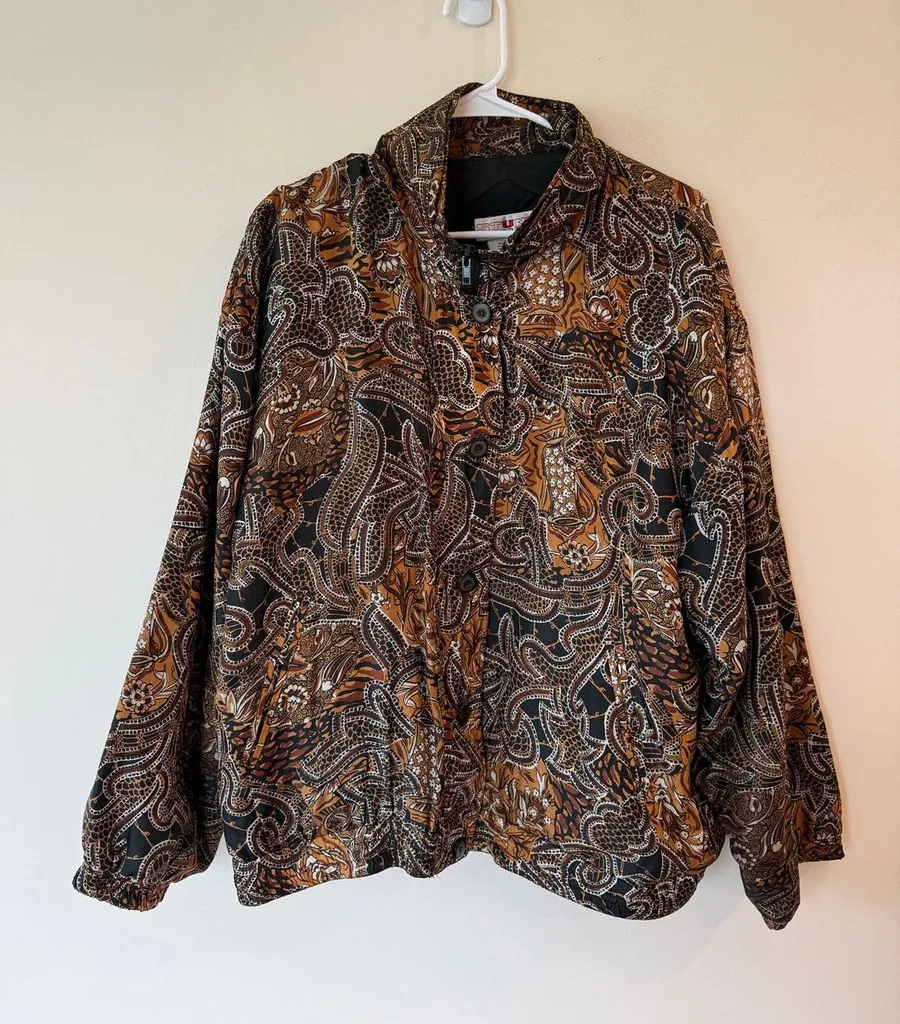 Vintage 90s Stunt Sports Silk Bomber Jacket Women XL Brown Paisley Retro