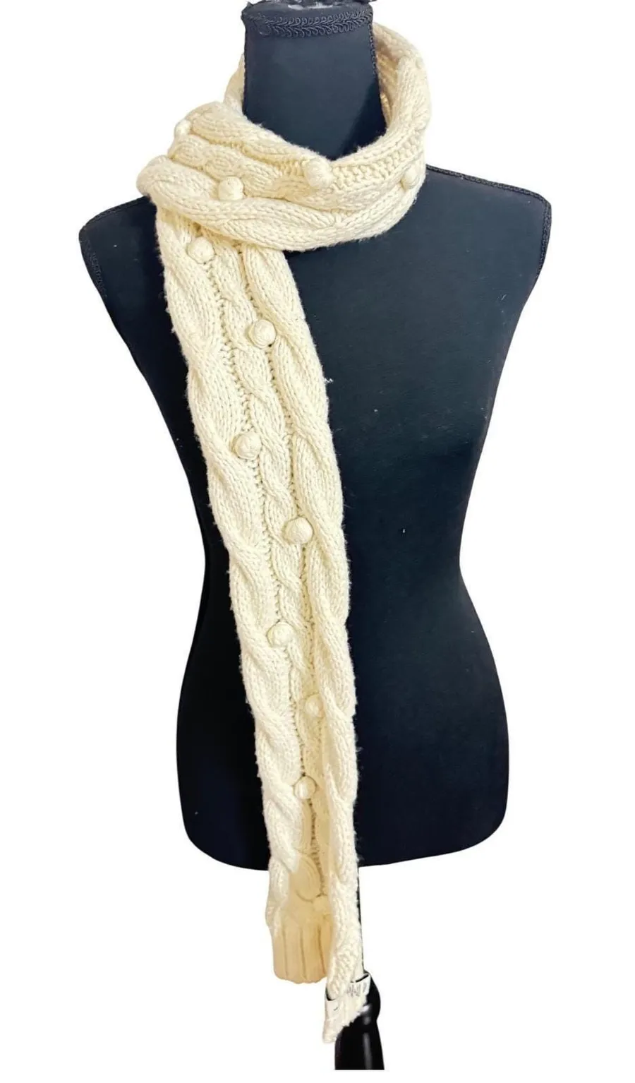 Y2K Abercrombie & Fitch Cream Cable Knit Scarf Wool Blend Popcorn Pom Pom Ivory