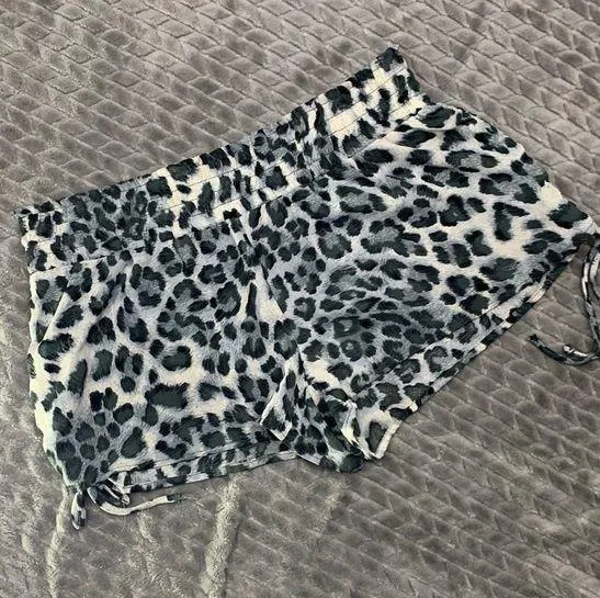 Snow Leopard Print Gray Swim Shorts Cover Up Size M