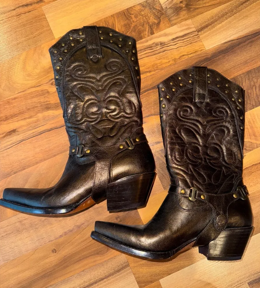 Womens bronze Leather Western Cowboy Boots Studded Harness Detail Pointed Toe 6
