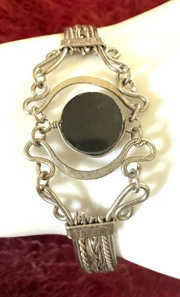 Vintage Silver Tone & Onyx Filigree Braided Semi Bangle Cuff Bracelet Silver