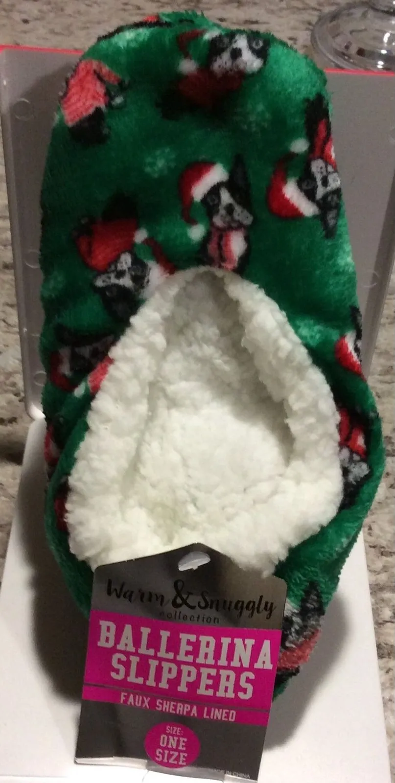 Warm Snuggly One Size Ballerina Slippers Green Boston Terrier Dog Christmas NEW